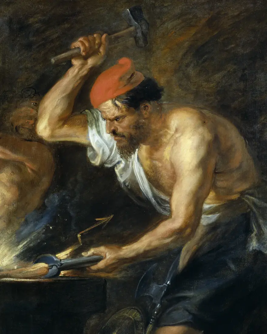 Vulcano forjando los rayos de Júpiter, de Rubens: el dios herrero alza el martillo sobre el yunque mientras el rayo arde en las tenazas.