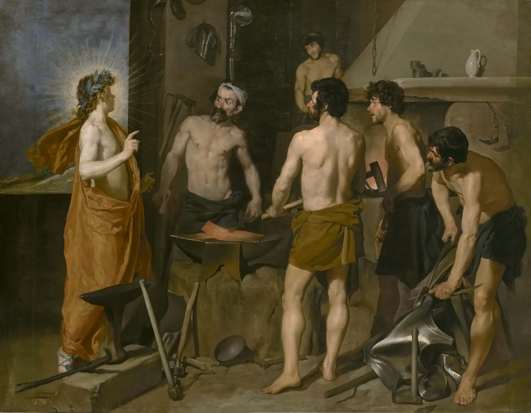 La fragua de Vulcano, de Diego Velázquez: Apolo, coronado de laurel, habla a Vulcano y a sus herreros junto al yunque.