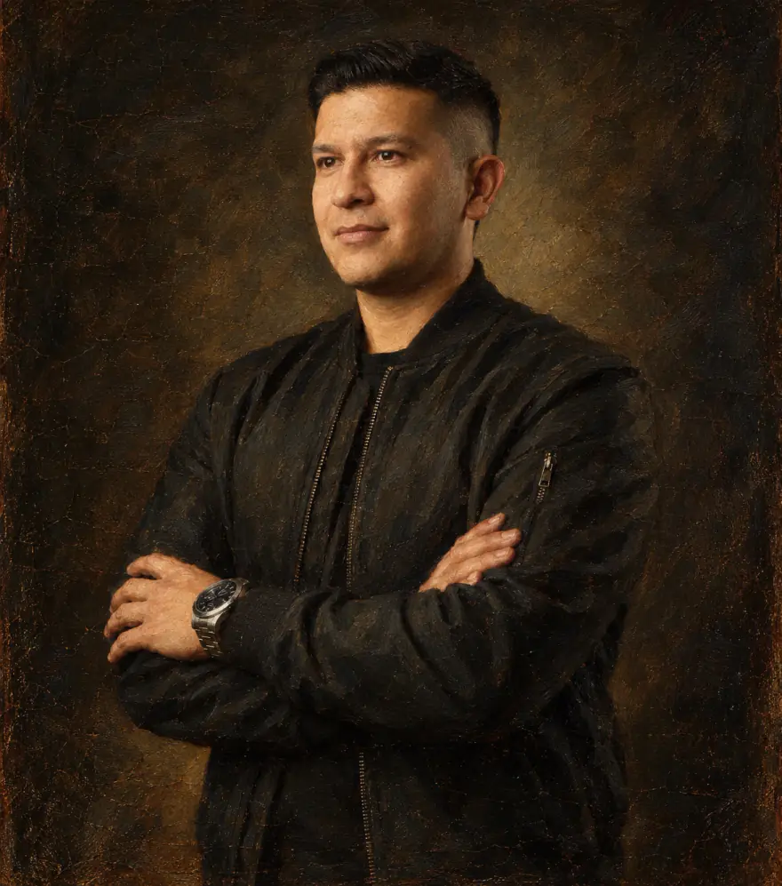 Retrato al óleo de Luis Bautista, de brazos cruzados, con un halo de ceros y unos.